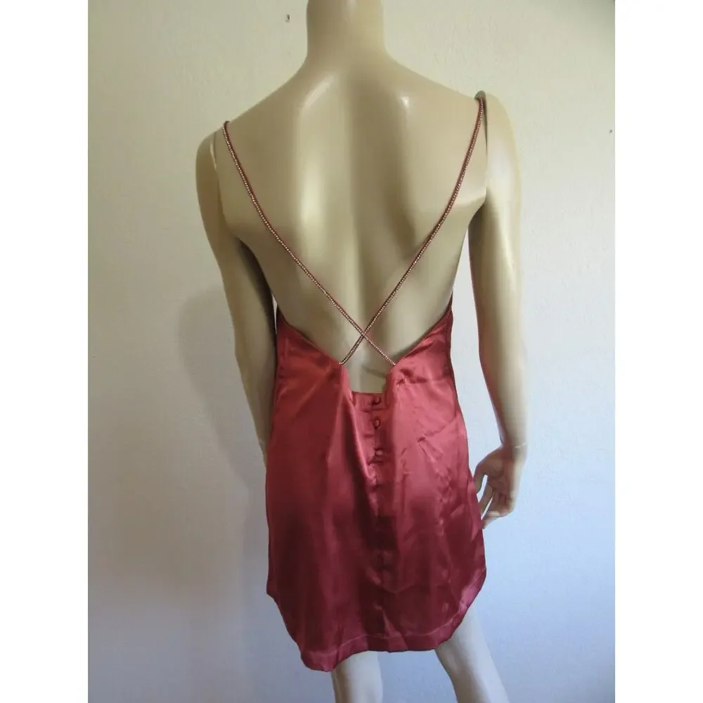 FREE PEOPLE Burnt Orange Rhinestone Spaghetti Straps S Satin Mini Slip Dress-JB1